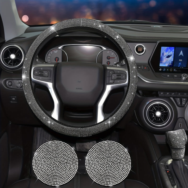 Bling Car Accessories for Women, Bling Steering Wheel Cover Bling Car Coasters Bling Set Seat Belt Shoulder Pads Ring Emblem Sticker Gear Shift Cover