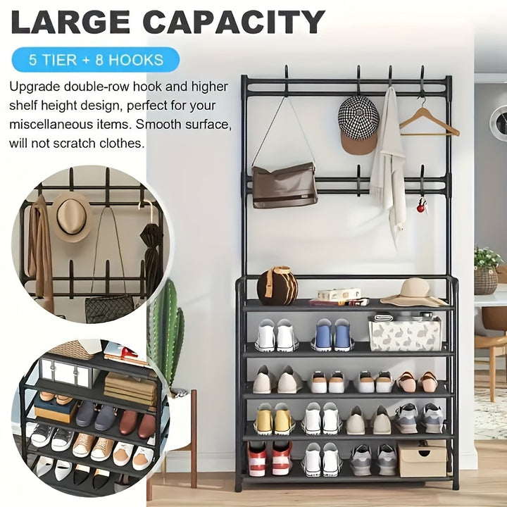 Appendiabiti Deluxe e Combinazione Organizer per Scarpe - Soluzione Salvaspazio per l'Ingresso per Scarpe, Vestiti, Cappelli, Borse e Ombrelli - Mensola Robusta per Corridoio con Ganci per Camera da Letto e Albero da Ingresso