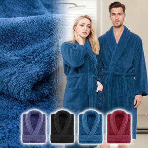 Unisex Extra Warm Coral Fleece Bathrobe Mens and Women Adult Robes for Your Bathroom Bedroom Shawl Collar Robes