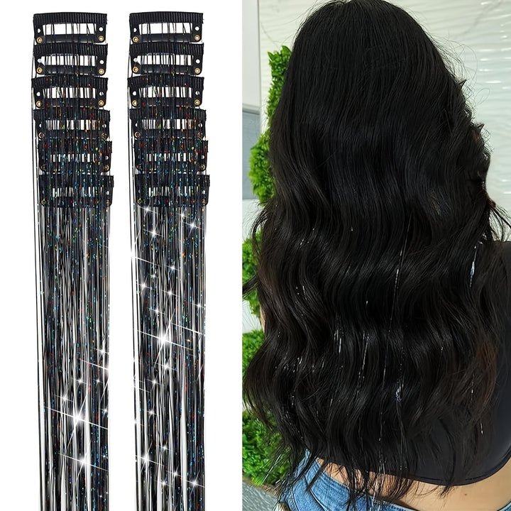 12Pcs Hair Tinsel Clip In 19.6Inch Tinsel Hair Extensions Clip In Hair Tinsel Kit Heat Resistant Shiny Sparkle Glitter Hair Extensions Fairy Hair Accessories For Women