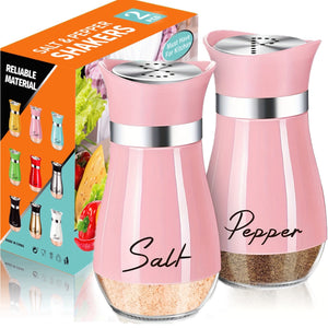 Glass Salt and Pepper Shaker Set, 4 Oz, Glass Bottom, Reusable, Pink, with Glass Material, for Kitchen, Table, RV, Camping, BBQ