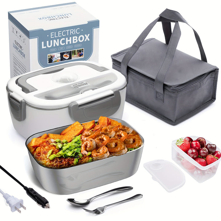 60W Portable Electric Lunch Box - 60.87oz Fast Food Warmer with Leakproof Removable Container, Cutlery & Insulated Cooler Bag for Car, Truck, Work, Camping & Meal Heating, Travel Food Warmer | Modern Lunchbox | Secure Locking