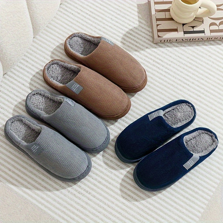 Winter Warmth, Cozy Men's Fleece-Lined Slippers - Warm, Non-Slip, Casual Indoor/Outdoor Shoes for Fall & Winter, Slippers, Warm, Vertical Stripes