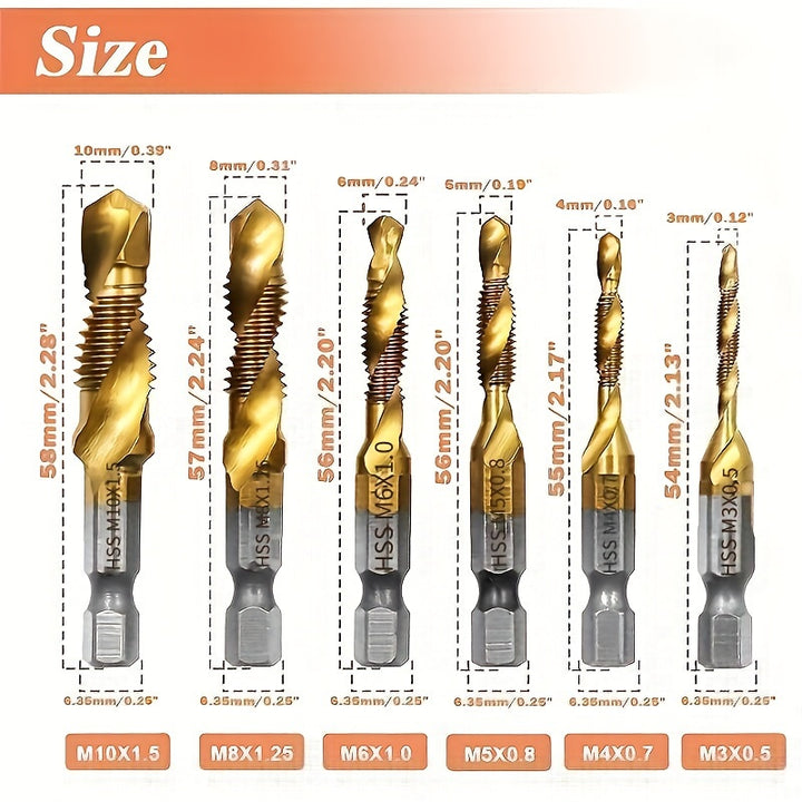 [Titanium Drill Bit Set] GOXAWEE 6pcs Titanium Drill Tap Combination Bit Set - 1/4" Hex Shank Screw Tapping Countersink Drill Bits - Metric Thread M3 M4 M5 M6 M8 M10 Taps Tool for Wood, Plastic & Metal