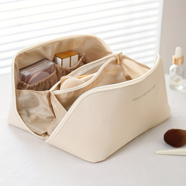 Women's Waterproof PU Leather Cosmetic Bag - Spacious Organizer with Dividers & Handle