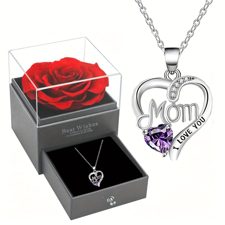 Hollow Heart MOM Design Pendant Necklace With Exquisite Soap Rose Gift Box Elegant Style Gift For Mother