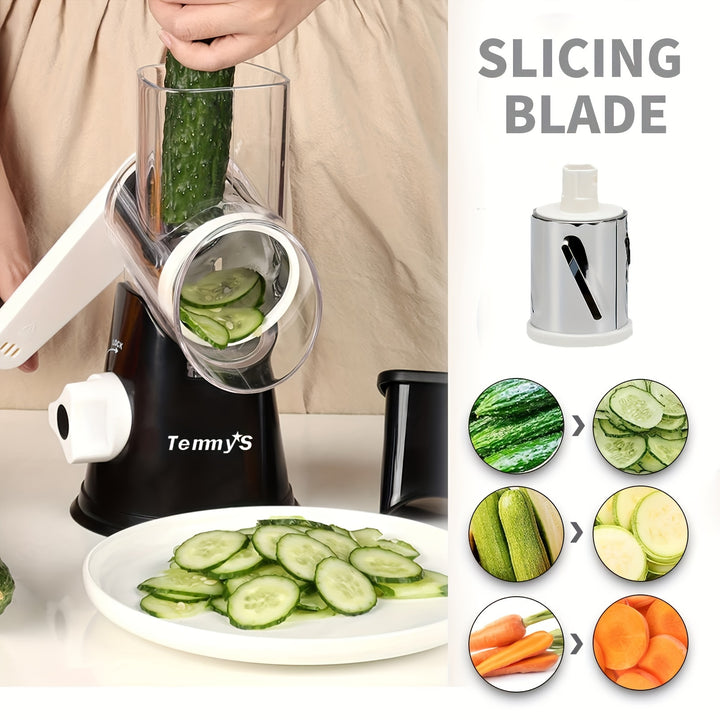 Rotary Cheese Grater and Vegetable Slicer - Kitchen Mandoline with 3 Interchangeable Blades, Easy-to-Clean for Fruits, Potatoes, Carrots, Nuts