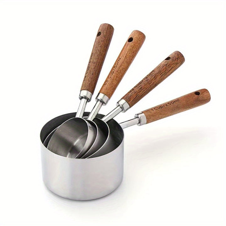 [8pcs Stainless Steel Measuring Cup] 8pcs Stainless Steel Measuring Cup And Spoon Set | Acacia Wooden Handle For Dry Goods And Liquid Ingredients, Baking Tools DIY, Seasoning Spoon Take Powder Spoon Coffee Spoon