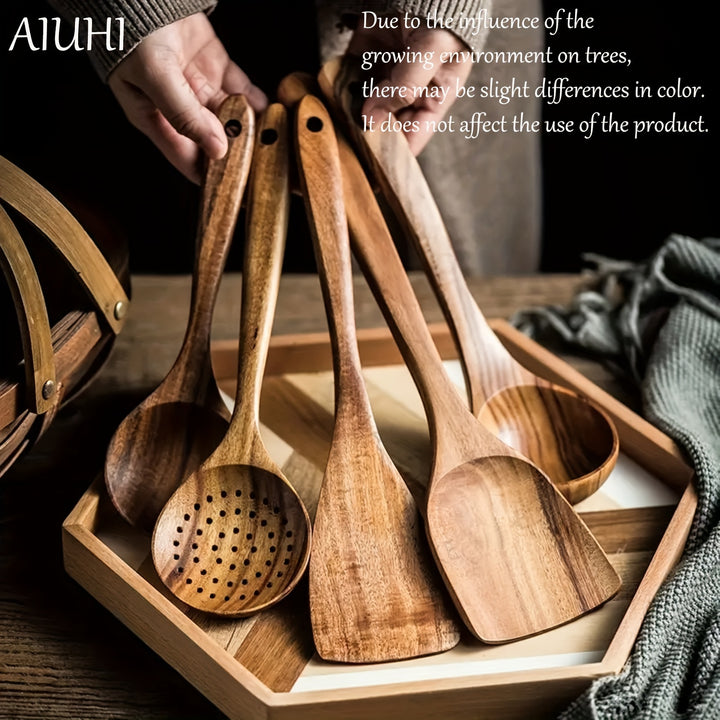 AIUHI 5pcs Wooden Kitchen Utensils Set, Wooden Spoons Natural Spurtle Set for Non-stick Pan Kitchen Tool Ladle and Wok Spatulas