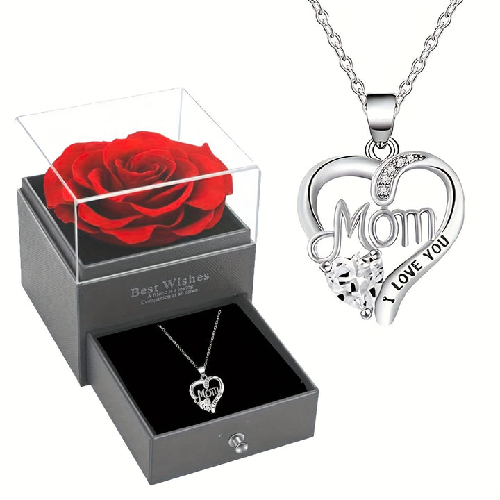 Hollow Heart MOM Design Pendant Necklace With Exquisite Soap Rose Gift Box Elegant Style Gift For Mother