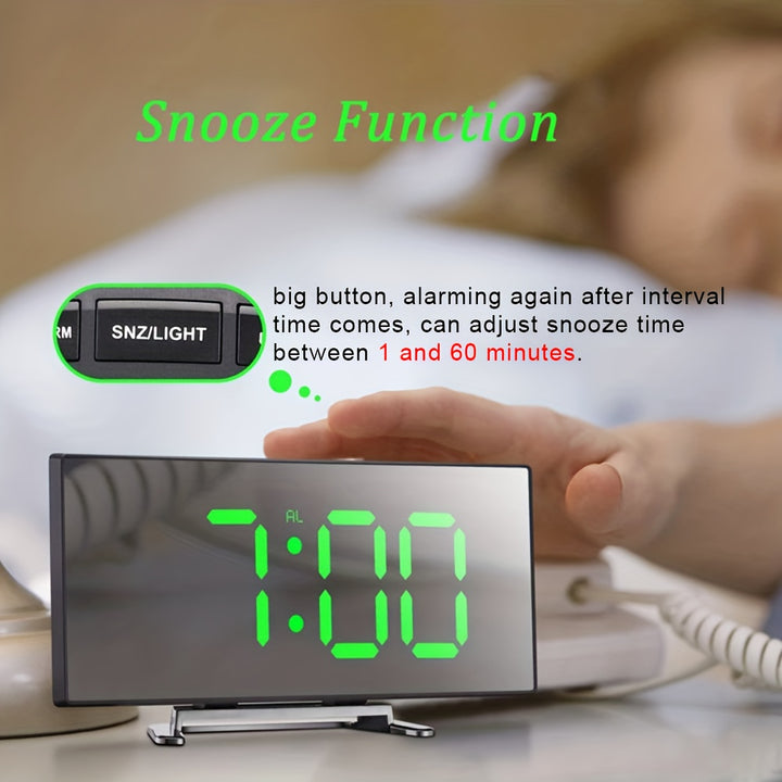 Modern LED Mirror Clock with Curved Display - Silent Digital Alarm, Dimmable, USB or Battery Powered, ABS Material - Perfect for Home Decor