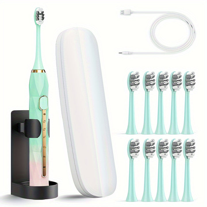 Acoustic Electric Toothbrush USB Rechargeable Couple Rechargeable Metal Shaft Adult Man And Woman Rechargeable Toothbrush Intelligent Timer 10 Replaceable Toothbrush Heads 5 Colors A Toothbrush Base A Portable Case
