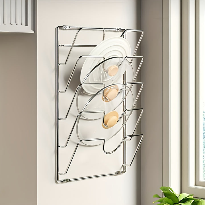 1 Pc of a Sturdy Metal Organizer for Hanging Pot Lids, Designed As a Multi-Level Wall-Mounted Storage Solution for Pots And Lids