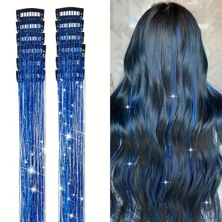 12Pcs Hair Tinsel Clip In 19.6Inch Tinsel Hair Extensions Clip In Hair Tinsel Kit Heat Resistant Shiny Sparkle Glitter Hair Extensions Fairy Hair Accessories For Women