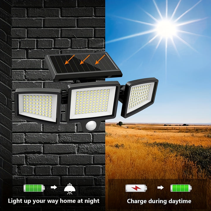 210LED Solar-Powered Street Light, Triple Head Rotatable Double Row Sensor Light with 3 Lighting Modes, Waterproof and Sunproof, Ideal for Outdoor Gardens, Courtyards, Streets, and Walkways