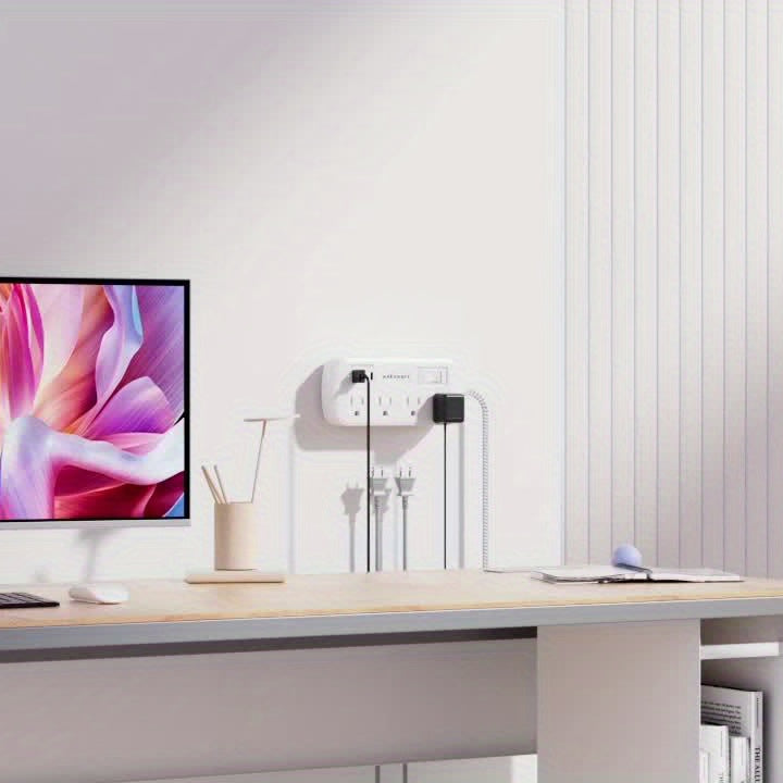 Compact 8-Outlet Surge Protector Power Strip with 3 USB Ports (1 USB-C) - Wall Mountable, 5ft Braided Flat Extension Cord, ETL Certified - Waksmart for Office, School, Dorm