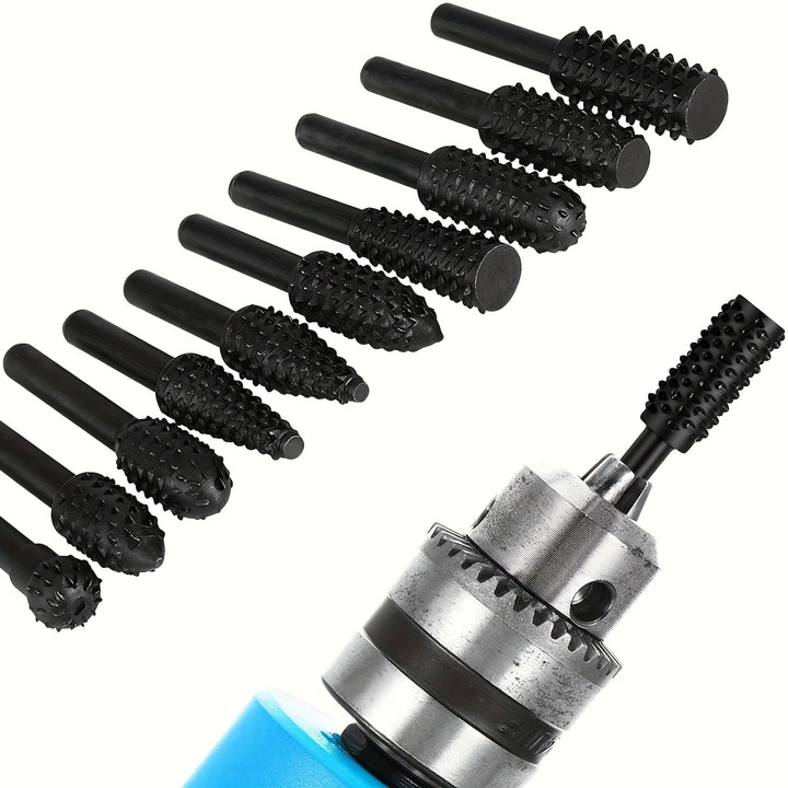 5pcs/10pcs Wood Carving File Rasp Drill Bit, 1/4" 6mm Rotary Rasp Drill Bit Set, DIY Woodworking Rotating Embossed Chisel Shaped Shank Tool Burr Power Tools For Engraving Polishing Grinding