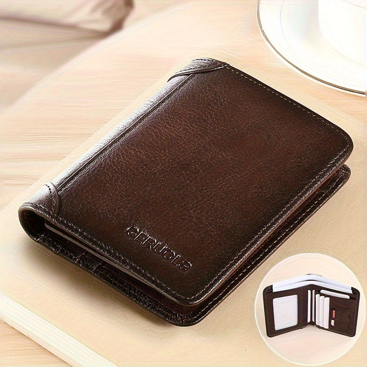 Men's Ultra-thin Double-folded Leather Front Pocket RFID Wallet with 2 ID Card Windows