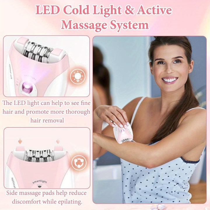 [Facial Epilator] Koina KD-214 | Cordless, Dual-Speed | 36-Tweezer Design | LED Light, Efficient | Face, Bikini, Arms, and Legs | Women | Pink & White