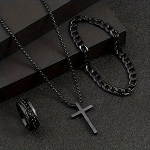 Ensemble de bijoux en alliage pour hommes de 3 pièces - Collier en chaîne de style boho noir avec pendentif croix, bracelet et bague assortis - Accessoires de mode hypoallergéniques pour les tenues d'automne, Jésus, cadeau de la Saint-Valentin.