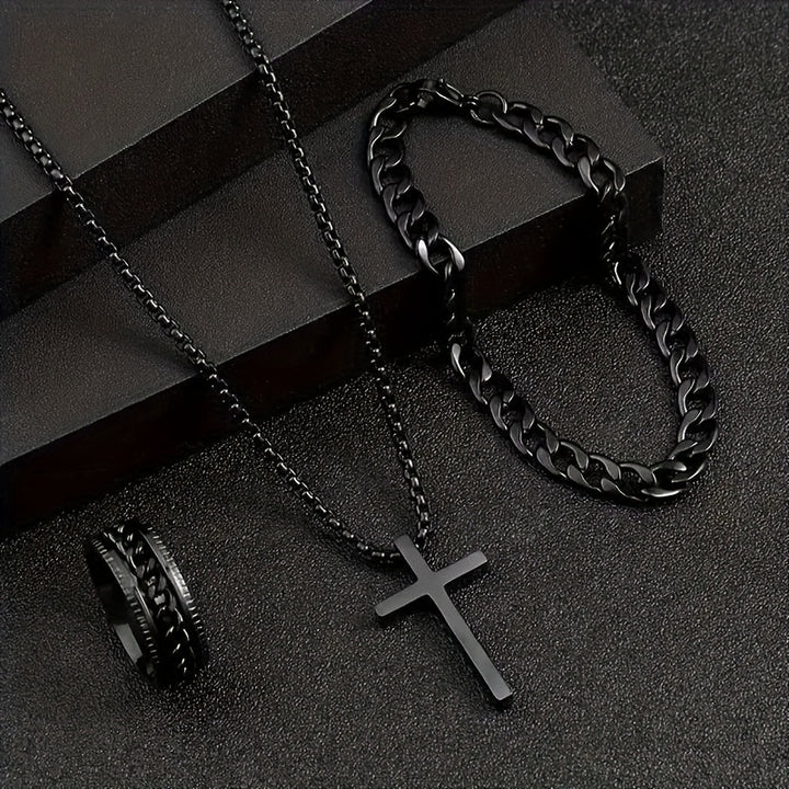 3pcs Men'S Alloy Jewelry Set - Black Boho Style Chain Necklace With Cross Pendant, Matching Bracelet & Ring - Hypoallergenic Fashion Accessories For Autumn Outfits, Jesus, Valentine'S Day Gift