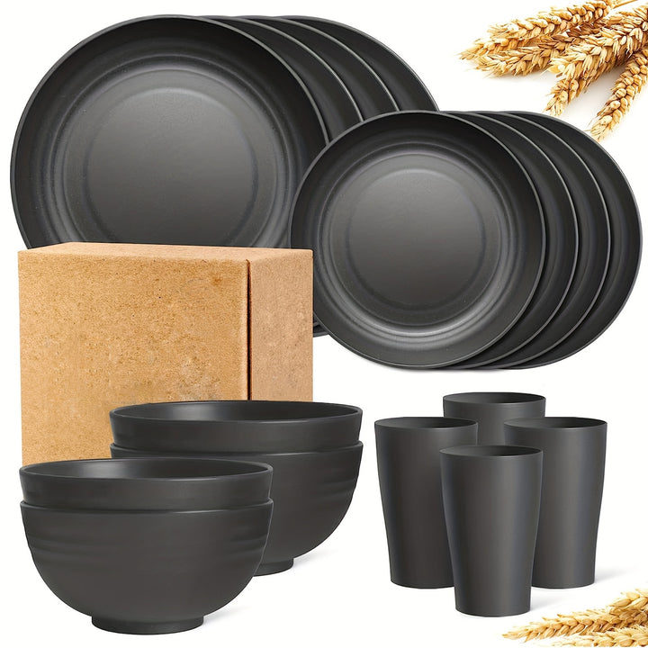 Premium straw tableware set, 16 unbreakable tableware sets, microwave and dishwasher safe, black set of 8 plates, 4 bowls, 4 cups.