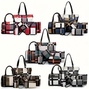 Set di 6 pezzi Borsa a Motivo Checkered di Grande Capacità - Spalla, Crossbody, Clutch, Portafoglio Lungo e Corto