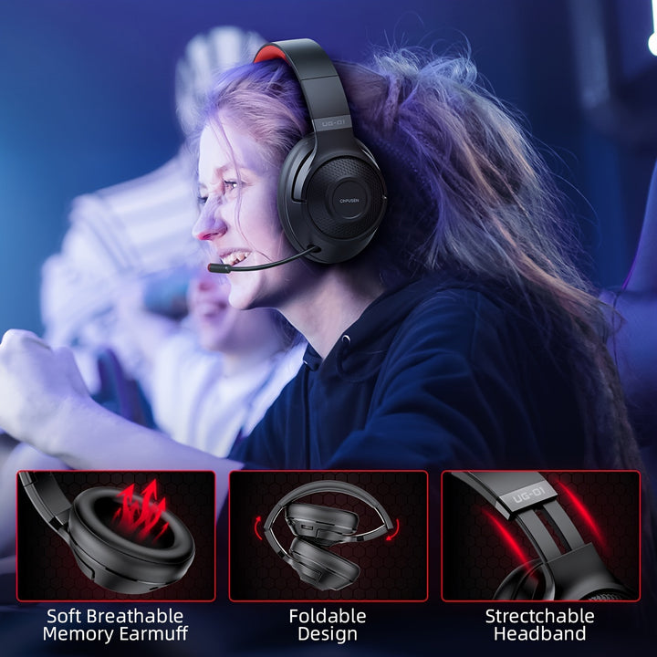 CINPUSEN UG-01 Wireless Gaming Headset with Microphone - Over-Ear, Noise-Canceling, 40 Hours Playtime, Soft Faux Leather Earmuffs, Comfortable & Adjustable for PC, PS5, PS4, for MacBook, Cell Phones - Black & Red