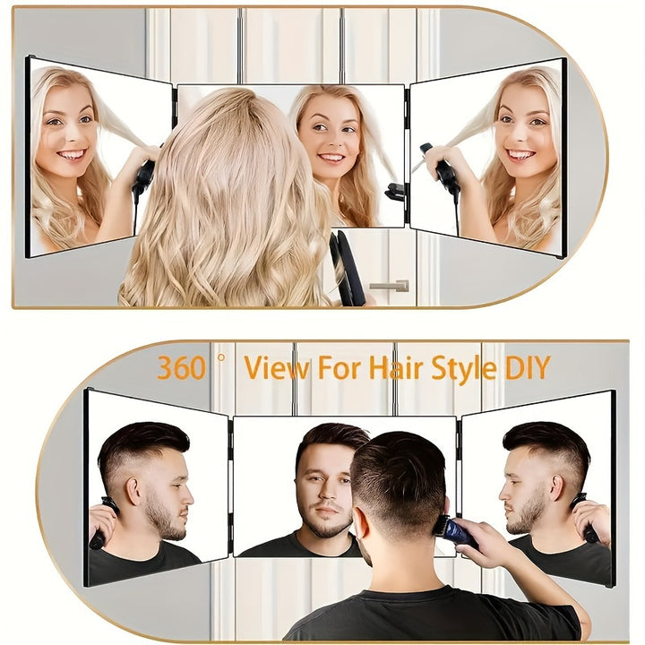 360° rotating 3-Way Trifold Mirror - Height Adjustable with Hooks for Effortless Self-Hair Cutting & Makeup Application