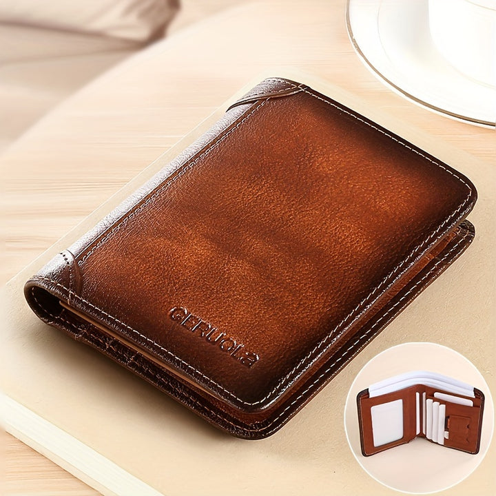Men's Ultra-thin Double-folded Leather Front Pocket RFID Wallet with 2 ID Card Windows