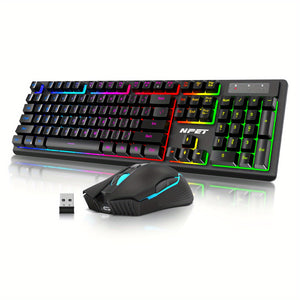 Combo de Teclado y Ratón Inalámbrico NPET S21, Teclado Mecánico Ergonómico Silencioso con Retroiluminación RGB, Ratón Gaming 3200DPI, Para Escritorio