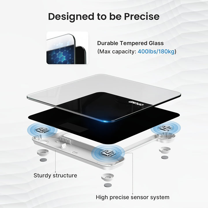 OPUMP Balance Numérique Haute Capacité - Précise, Sûre & Facile à Lire avec Écran LCD Rétroéclairé, Inclut 3 Piles AAA, Supporte jusqu'à 400lbs, OPUMP