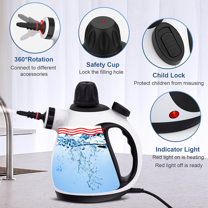 Handheld Steam Cleaner, Steam Cleaner For Home With 10 Accessory Kit, Multipurpose Portable Upholstery Steamer Cleaning With Safety Lock To Remove Grime, Grease, And More