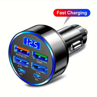 6-in-1 Car Charger with Display, USB 3.0/3.1A Fast Charging, Multi-Port Adapter, Dual PD, Universal Compatibility, 36V Voltage, for Smartphones, Tablets, and More