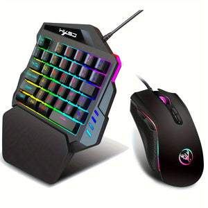 Clavier et souris HXSJ Gaming à une main avec 35 touches, touches en plastique injecté bicolores, rétroéclairage coloré, combo de souris optique USB Plug-And-Play adapté pour le jeu.