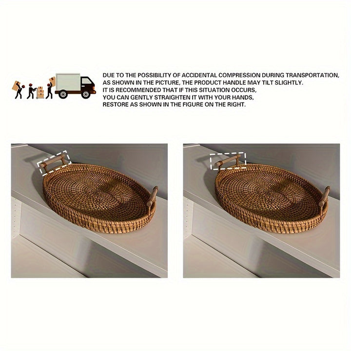 1pc Artisanal Woven Rattan Serving Tray - Dual Handles, Multipurpose Tea and Snack Presentation Platter, Ideal Bread Basket with Insulation for Kitchen & Dining - Versatile Home Accessory