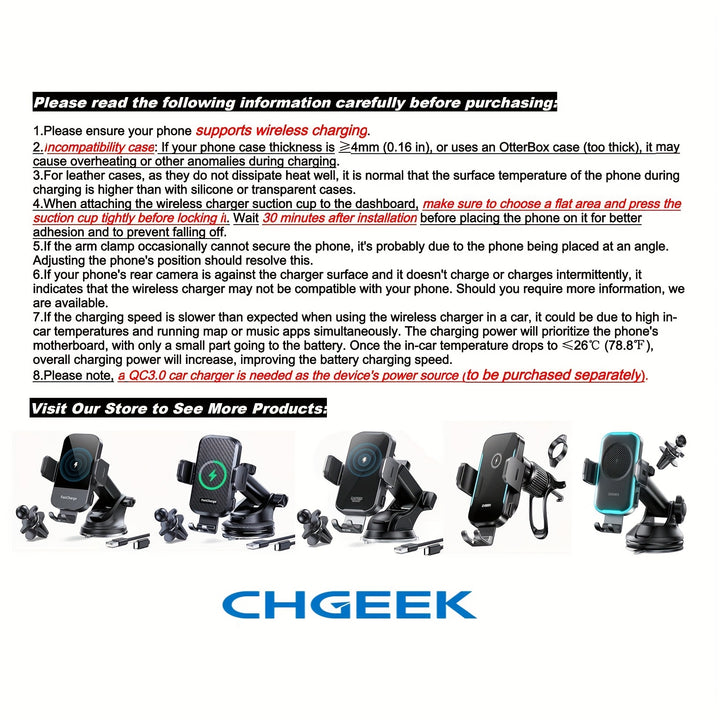 CHGeek 3-in-1 Wireless Car Charger, Car Phone Holder, 15W Fast Charge -Dashboard/Vent/Desktop, Universal Phone Clamp For IPhone & Android (No Slip! 30-Min Quick Install)