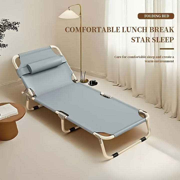 Stainless Steel Frame Folding Lounge Chair | Gray Polyester Cushion | Adjustable Headrest, Armrests & Side Pockets | Home, Camping, and Outdoor Relaxation