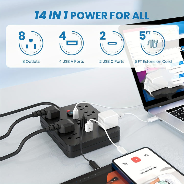 This Is a Versatile Black Power Strip Featuring 8 Outlets, 4 USB Ports, 2 USB-C Ports, a 5/10Ft Extension Cord, a Flat Plug, Wall Mounting Capability, Overload Protection, And Surge Protection, Making It Perfect for Charging