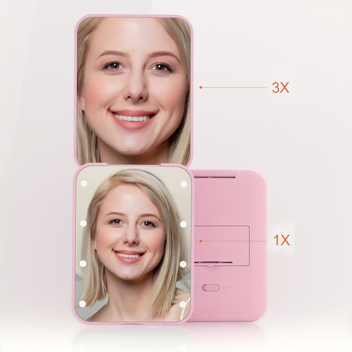 1X/3x Magnified LED Mini Travel Makeup Mirror, Compact, Double-Sided, Portable, Folding, Hand-Held, Small Lighting, Unscented, Plastic Surface, Non-Rechargeable Button Battery (Diameter≥20mm) Power, Varnished Plastic Frame,