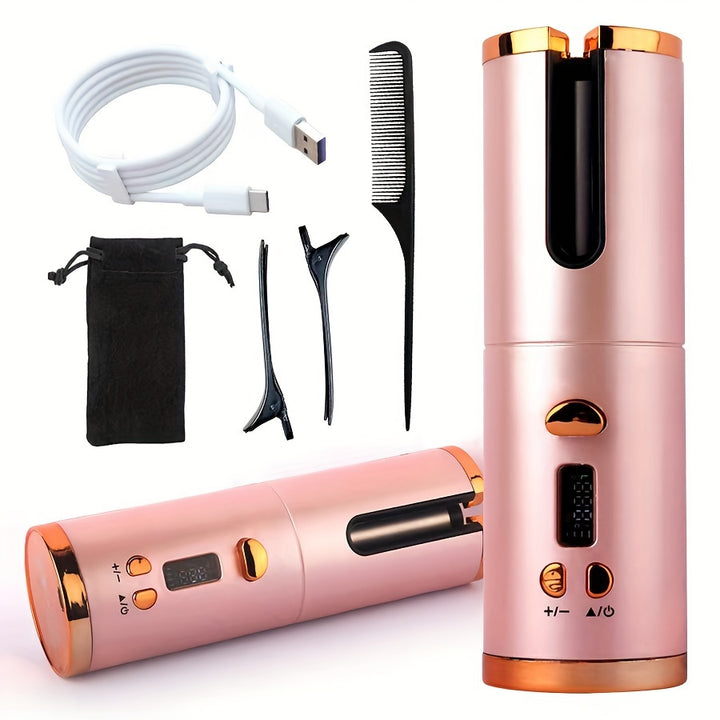 Sleek Portable USB Rechargeable Hair Curler with LCD Display - Smart Wireless Automatic Curling Iron, 32mm,, Digital Temperature Control, Copper & Gray Finish