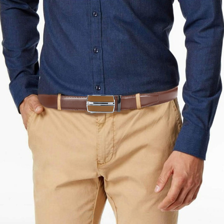 Men'S Genuine Leather Ratchet Belt, Cool And Handsome Style, Adjustable Automatic Square Alloy Buckle, Durable Two-layer Cowhide Panel, for Casual Business Wear