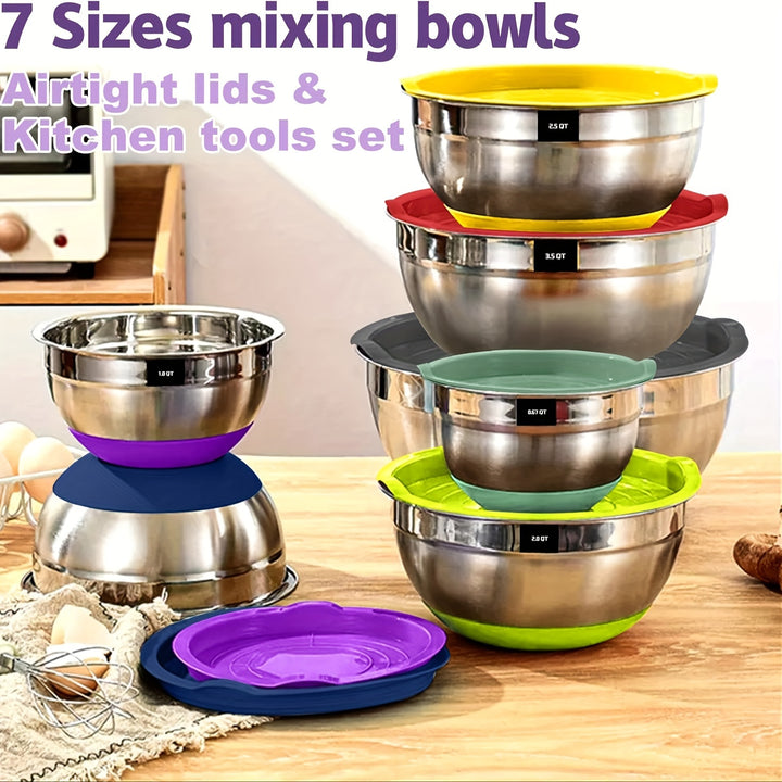 [Stainless Steel Mixing Bowls] 20pcs Stainless Steel Mixing Bowls With Airtight Lids - Non-Slip Colorful Silicone Bottom - 7, 3.5, 2.5, 2.0, 1.5, 1, 0.67QT Sizes - Great For Mixing, Baking, Serving