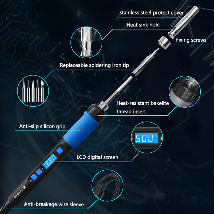 ILIBILIB 90W Smart Soldering Iron Kit with LCD Display - Adjustable Temperature 356-923°F, Rapid Heat, Non-Slip Grip, Ideal for DIY & Repairs, Blue