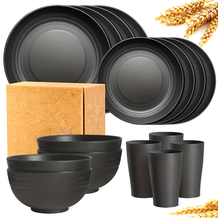 Premium straw tableware set, 16 unbreakable tableware sets, microwave and dishwasher safe, black set of 8 plates, 4 bowls, 4 cups.