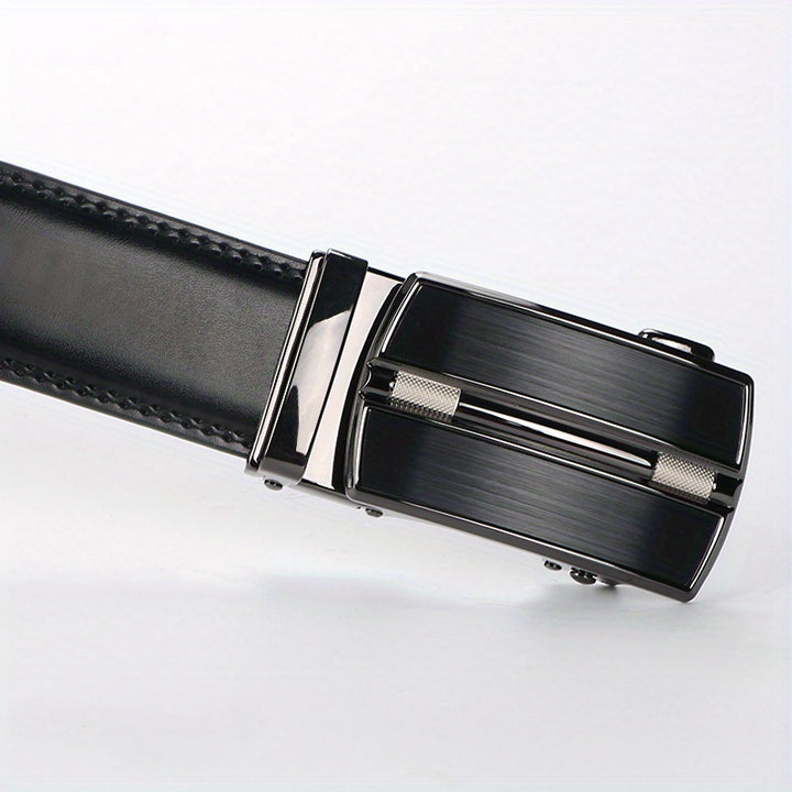 Men'S Genuine Leather Ratchet Belt, Cool And Handsome Style, Adjustable Automatic Square Alloy Buckle, Durable Two-layer Cowhide Panel, for Casual Business Wear