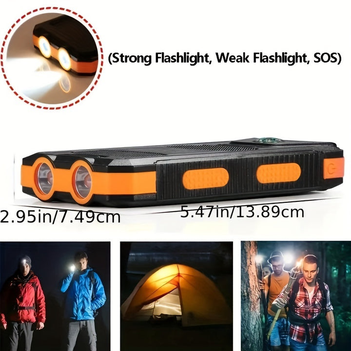 1pc, Portable Solar Power Bank with External Battery Charger and Strong LED Light, 2 USB Charging Ports for Outdoor Camping, Hiking and Emergency Use
