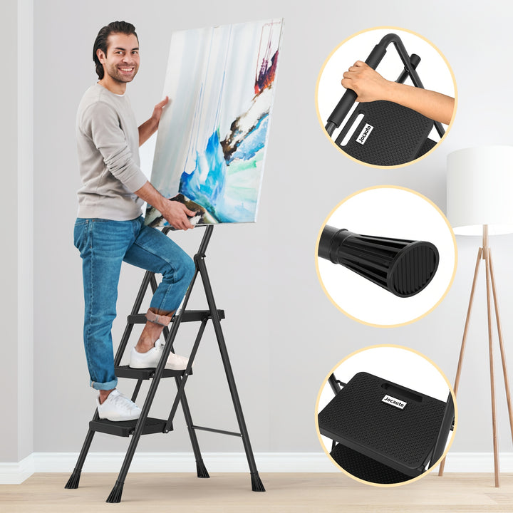 Échelle pliante robuste 2/3 marches avec capacité de 800 lbs - Escabeau avec poignée de confort - Idéal pour la maison, la cuisine et le bureau