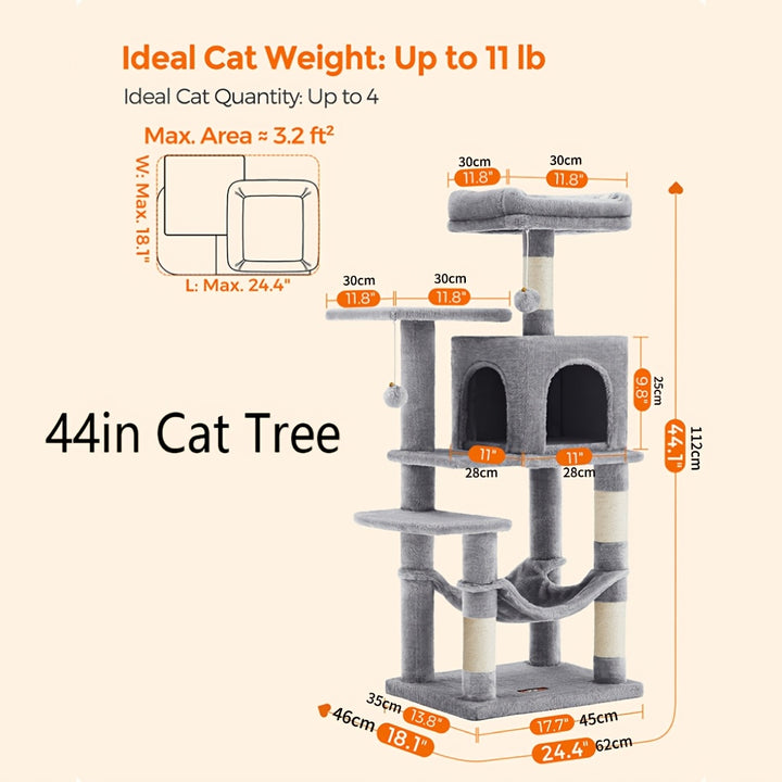 Feandrea 66.1/44.1in Cat Tree, Large Cat Tower with 13 Scratching Posts, 2 Perches, 2 Caves, Hanging Basket & Hammock, Pompoms, Stable Kitty Play House, Multi-Level Plush Cat Condo for Indoor Cats, Easy to Assemble, Perfect G