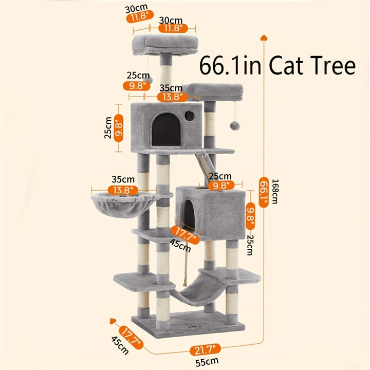 Feandrea 66.1/44.1in Cat Tree, Large Cat Tower with 13 Scratching Posts, 2 Perches, 2 Caves, Hanging Basket & Hammock, Pompoms, Stable Kitty Play House, Multi-Level Plush Cat Condo for Indoor Cats, Easy to Assemble, Perfect G